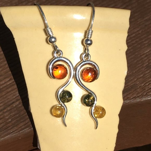Genuine Baltic Amber Multicolor Earrings .925 Sterling Silver Swirl Design - Picture 4 of 13